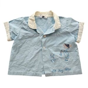 Vintage Blue Baby Shirt with Embroidery Vtg Infant Boy Top Size 6 Months